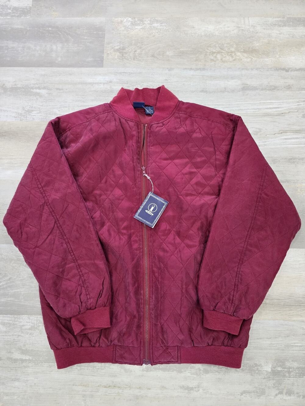 VTG 90s I AM Brand Quilted Silk Bomber Jacket Red Burgundy NWT Deadstock Large